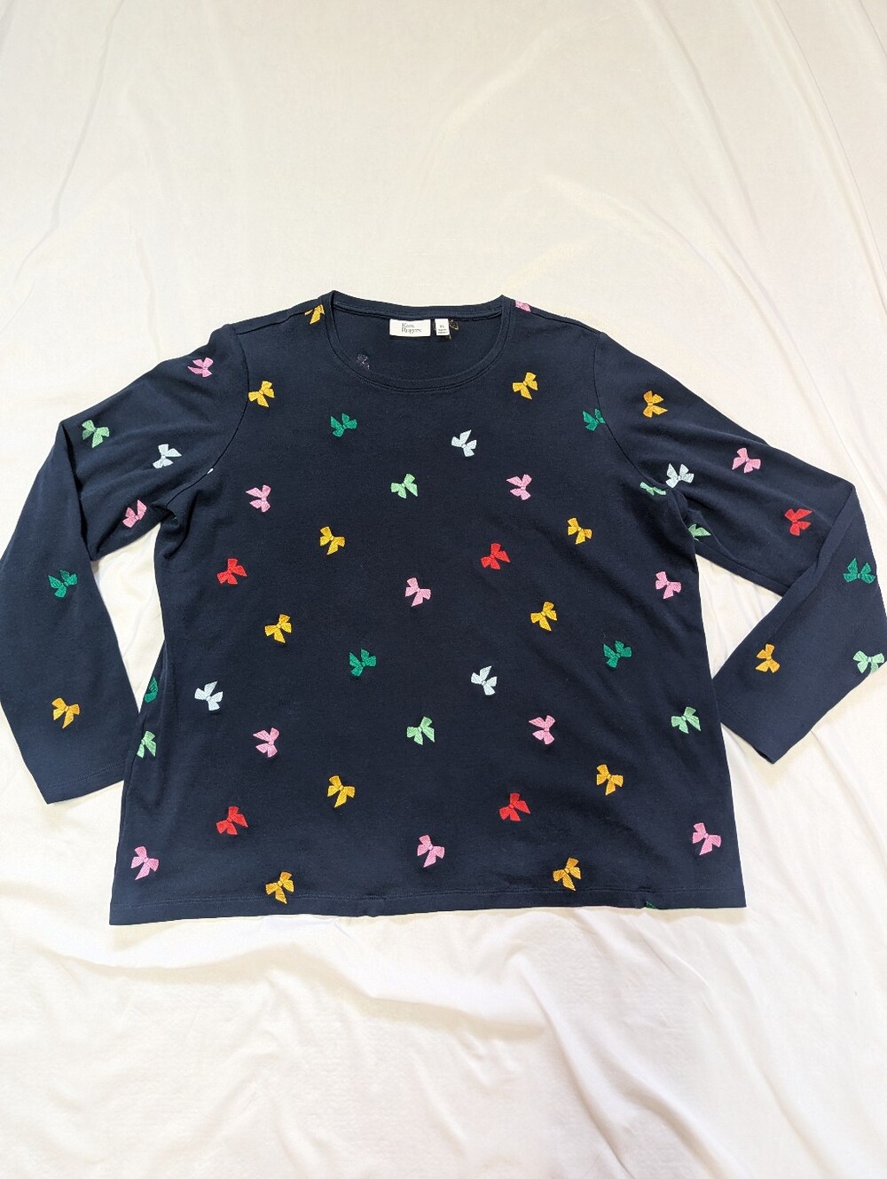 Kim Rogers 100% Cotton Bow Embroidered Navy Long Sleeve Top XL